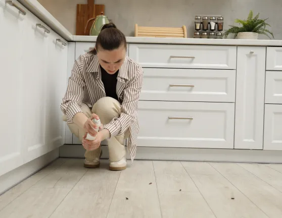 Mujer intentado eliminar una plaga de cucarachas en la cocina
